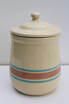 catalog photo of vintage McCoy pottery pink & blue striped band canister or cookie jar w/ lid 
