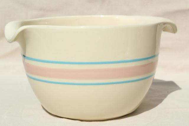photo of vintage McCoy pottery pink & blue band batter pitcher spout mixing bowl w/ grip handle #1