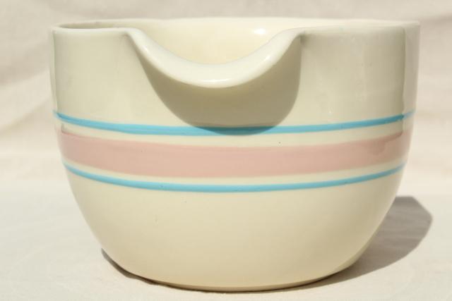 photo of vintage McCoy pottery pink & blue band batter pitcher spout mixing bowl w/ grip handle #2