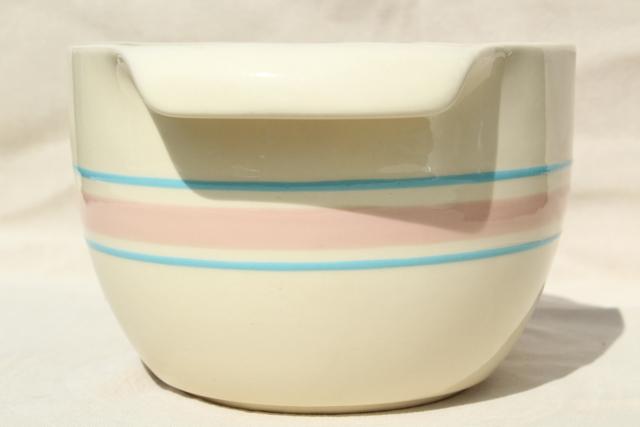 photo of vintage McCoy pottery pink & blue band batter pitcher spout mixing bowl w/ grip handle #4