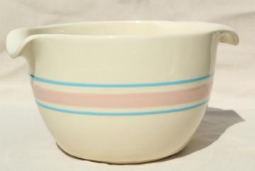 catalog photo of vintage McCoy pottery pink & blue band batter pitcher spout mixing bowl w/ grip handle