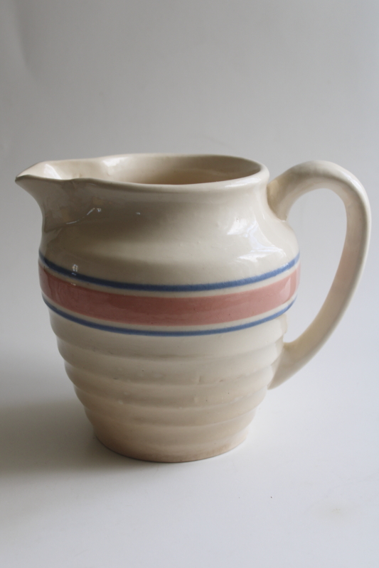 photo of vintage McCoy pottery pitcher, old beehive shape jug pink & blue band  #1