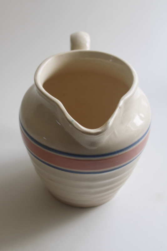 photo of vintage McCoy pottery pitcher, old beehive shape jug pink & blue band  #2