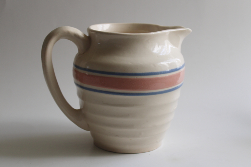 photo of vintage McCoy pottery pitcher, old beehive shape jug pink & blue band  #4