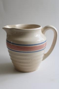 catalog photo of vintage McCoy pottery pitcher, old beehive shape jug pink & blue band 