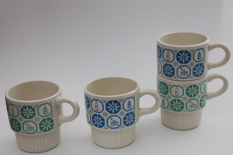 photo of vintage McCoy pottery stackable ceramic mugs, kitchen antiques print jade green & blue #1