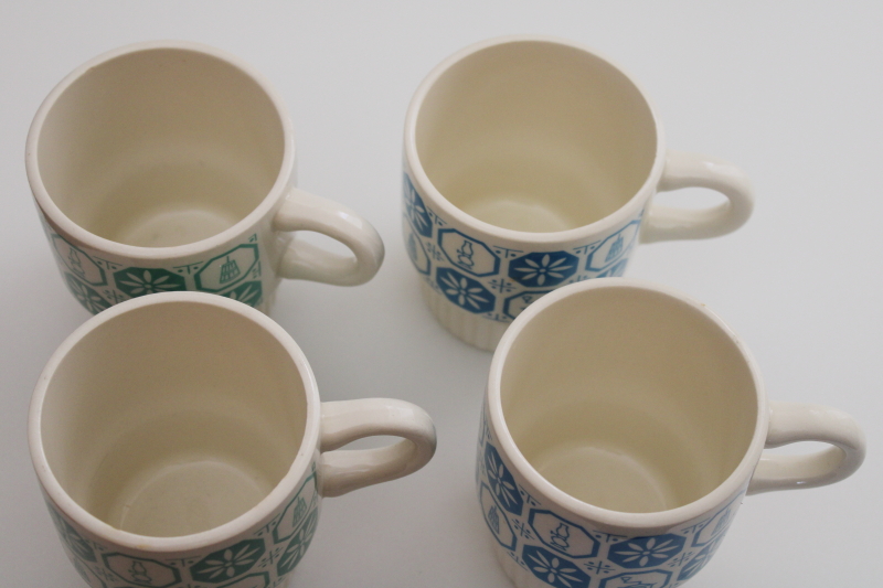 photo of vintage McCoy pottery stackable ceramic mugs, kitchen antiques print jade green & blue #2