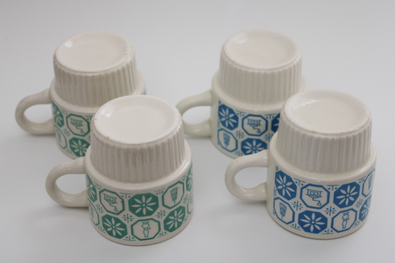 photo of vintage McCoy pottery stackable ceramic mugs, kitchen antiques print jade green & blue #3