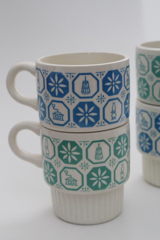 photo of vintage McCoy pottery stackable ceramic mugs, kitchen antiques print jade green & blue #8