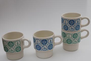 catalog photo of vintage McCoy pottery stackable ceramic mugs, kitchen antiques print jade green & blue