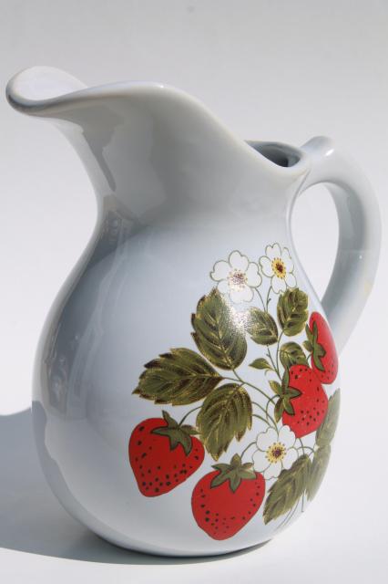 photo of vintage McCoy pottery strawberry pitcher, red strawberries large wash jug for flower vase #1