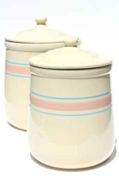 catalog photo of vintage McCoy pottery utility ware pink & blue band cookie jar & large canister 