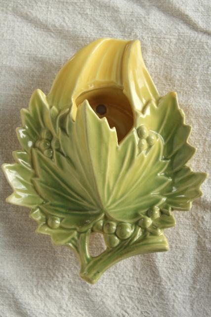 photo of vintage McCoy pottery wall pocket vase, leaves & berries maple leaf branch #1