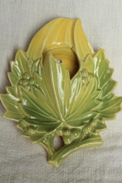 photo of vintage McCoy pottery wall pocket vase, leaves & berries maple leaf branch #4