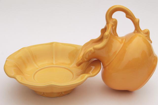 photo of vintage McCoy pottery, wash set pitcher & bowl in happy bright smiley face yellow #5