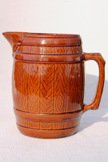 photo of vintage McCoy stoneware pottery old oaken barrel beer steins or cider mugs w/ pitcher #3