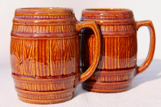 photo of vintage McCoy stoneware pottery old oaken barrel beer steins or cider mugs w/ pitcher #7