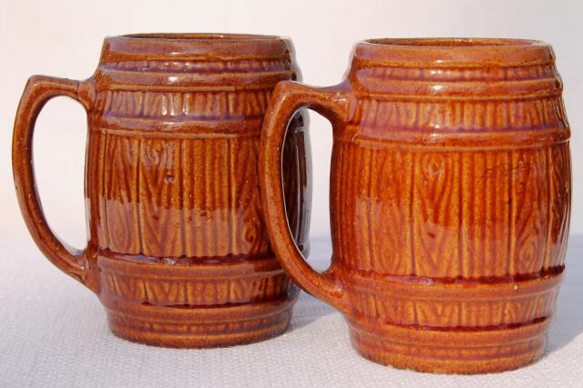photo of vintage McCoy stoneware pottery old oaken barrel beer steins or cider mugs w/ pitcher #9