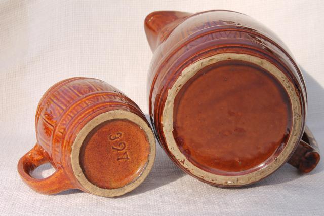 photo of vintage McCoy stoneware pottery old oaken barrel beer steins or cider mugs w/ pitcher #10