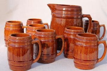 catalog photo of vintage McCoy stoneware pottery old oaken barrel beer steins or cider mugs w/ pitcher