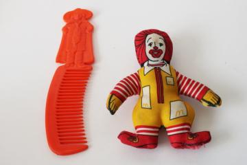 catalog photo of vintage McDonald's toys early Happy Meal 1981 original Hamburglar plastic comb & Ronald McDonald doll 