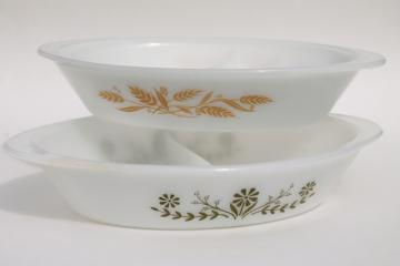 catalog photo of vintage McKee oven proof milk glass casseroles, green daisy Glasbake, golden wheat Sears