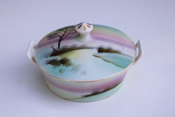 catalog photo of vintage Meito Japan hand painted china butter bucket or cheese dish with insert plate and lid