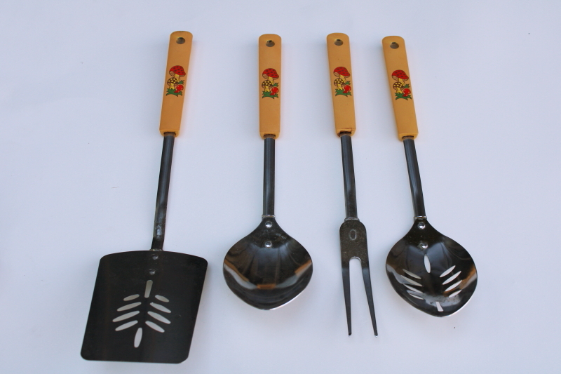 photo of vintage Merry Mushroom print kitchen utensils, Japan stainless spoons, spatula & fork #1