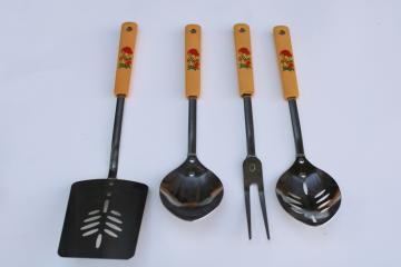 vintage Merry Mushroom print kitchen utensils, Japan stainless spoons, spatula & fork 