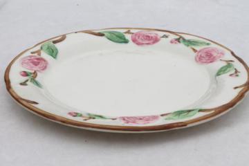 catalog photo of vintage Metlox pottery Camellia pink rose & branch floral china platter or cake plate