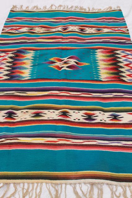 photo of vintage Mexican Indian wool blanket rug w/ fringe, turquoise w/ bright colors #1