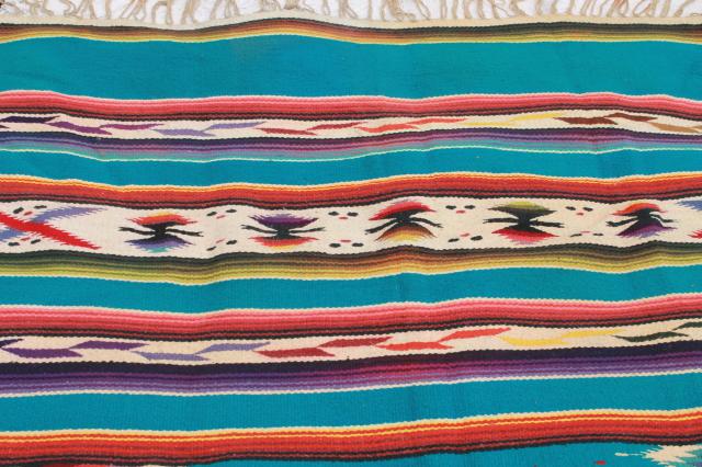 photo of vintage Mexican Indian wool blanket rug w/ fringe, turquoise w/ bright colors #2