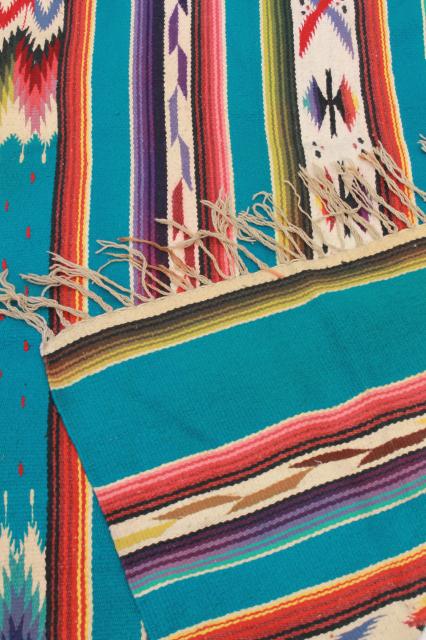 photo of vintage Mexican Indian wool blanket rug w/ fringe, turquoise w/ bright colors #3