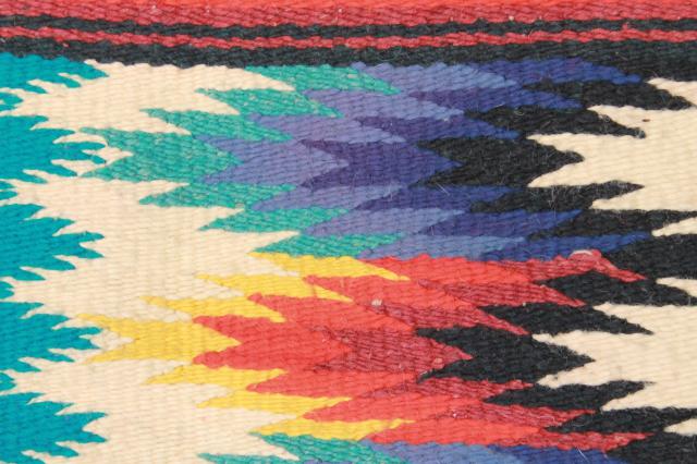 photo of vintage Mexican Indian wool blanket rug w/ fringe, turquoise w/ bright colors #4