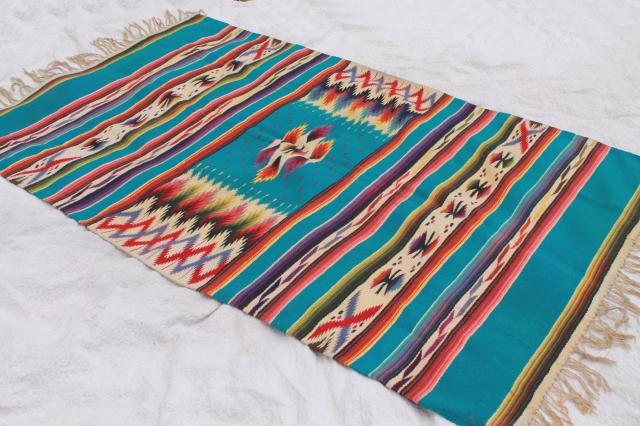 photo of vintage Mexican Indian wool blanket rug w/ fringe, turquoise w/ bright colors #5