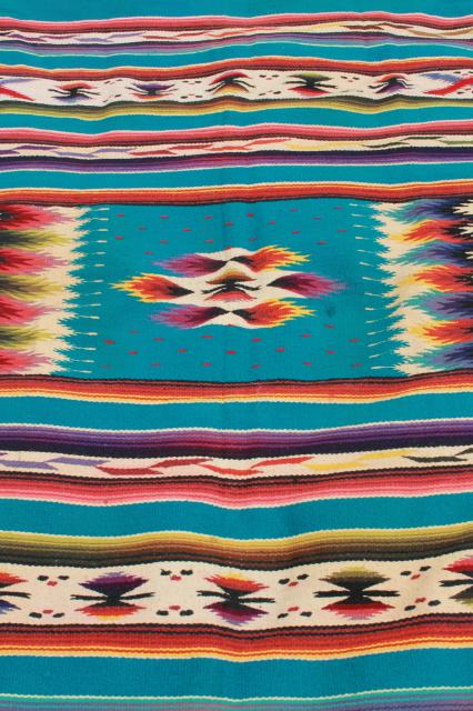 photo of vintage Mexican Indian wool blanket rug w/ fringe, turquoise w/ bright colors #6