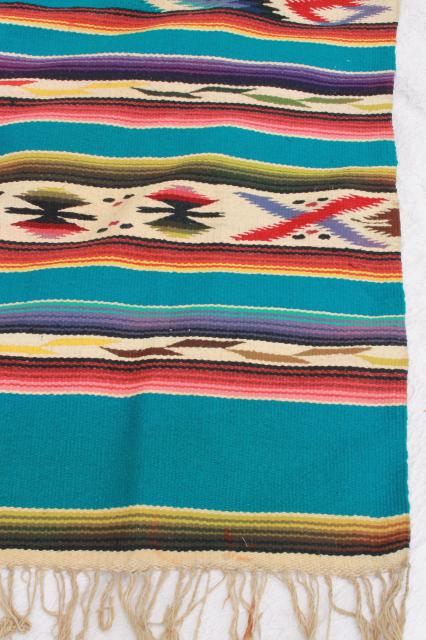 photo of vintage Mexican Indian wool blanket rug w/ fringe, turquoise w/ bright colors #7