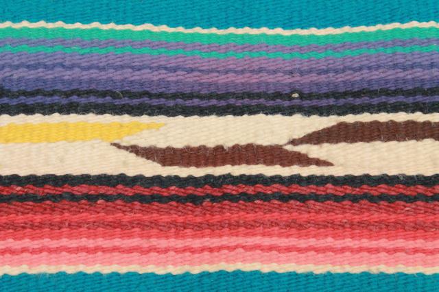 photo of vintage Mexican Indian wool blanket rug w/ fringe, turquoise w/ bright colors #8