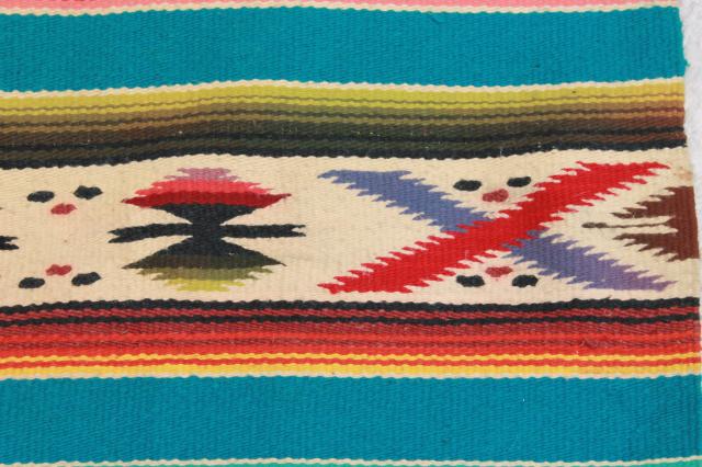 photo of vintage Mexican Indian wool blanket rug w/ fringe, turquoise w/ bright colors #9