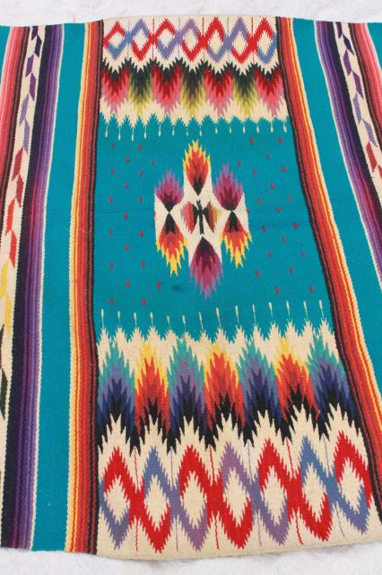 photo of vintage Mexican Indian wool blanket rug w/ fringe, turquoise w/ bright colors #10
