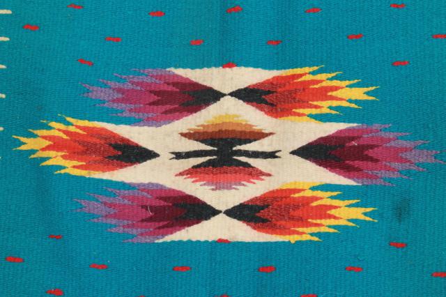 photo of vintage Mexican Indian wool blanket rug w/ fringe, turquoise w/ bright colors #11