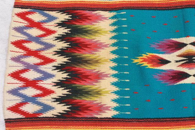 photo of vintage Mexican Indian wool blanket rug w/ fringe, turquoise w/ bright colors #12