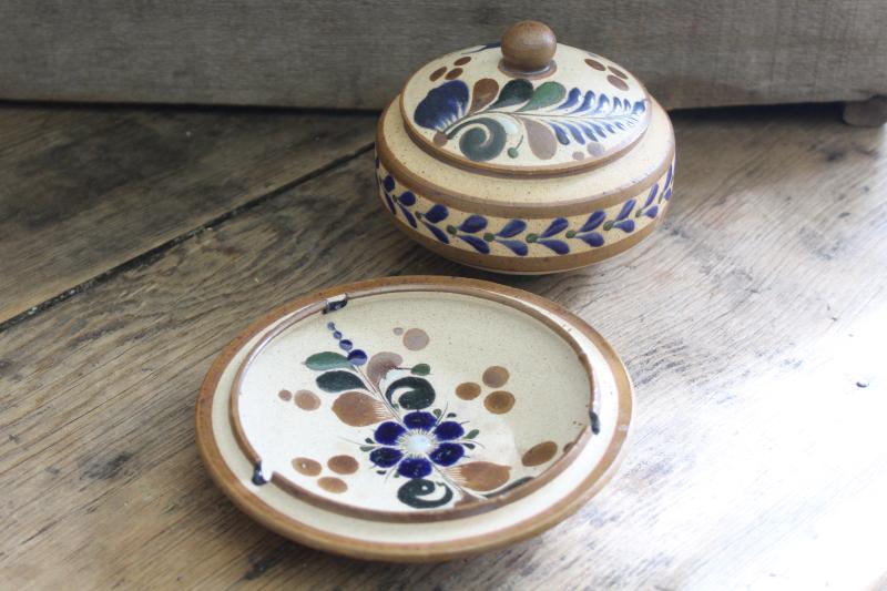 photo of vintage Mexican Tonala pottery smoke set, tobacco jar & ashtray, hand painted in Mexico #2