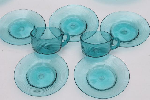 photo of vintage Mexican art glass dishes, azure aqua blue hand-blown glassware from Mexico #3