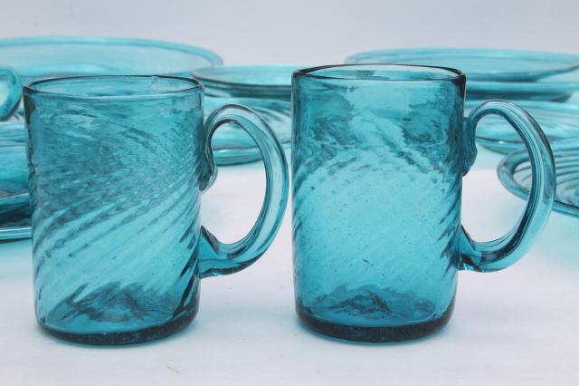 photo of vintage Mexican art glass dishes, azure aqua blue hand-blown glassware from Mexico #7