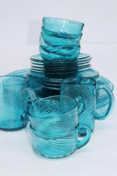 catalog photo of vintage Mexican art glass dishes, azure aqua blue hand-blown glassware from Mexico