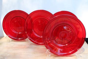 catalog photo of vintage Mexican art glass hand blown glass plates, vivid ruby red glass