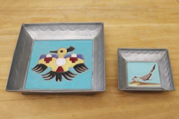 catalog photo of vintage Mexican art pottery tiles, roadrunner bird & thunderbird in galvanized tin metal frames 