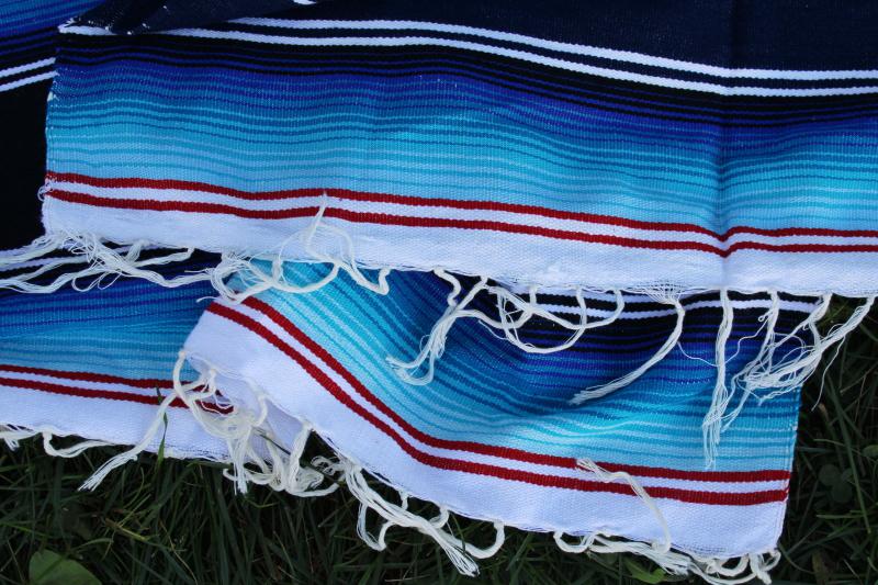 photo of vintage Mexican blanket bedspreads, large saltillo pair matching black blue woven stripes #2
