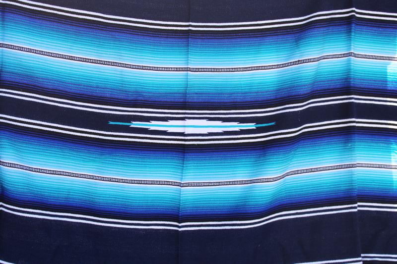 photo of vintage Mexican blanket bedspreads, large saltillo pair matching black blue woven stripes #4